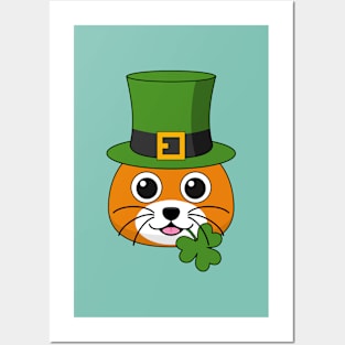 Cute Cat with Green Hat and Shamrock St Patricks's Day Posters and Art